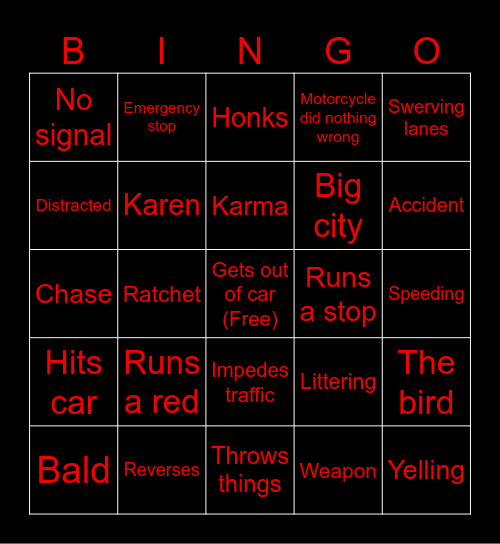 Road Rage Bingo Card