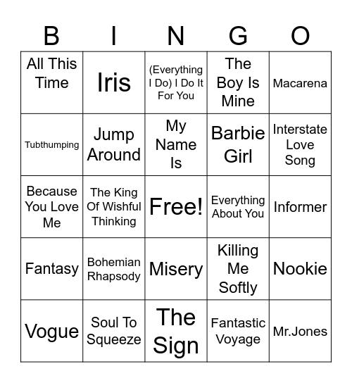 1990-1999 Bingo Card