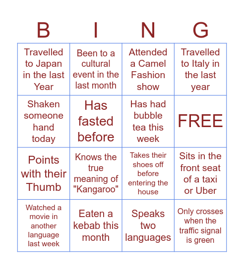 Cultural Bingo Card