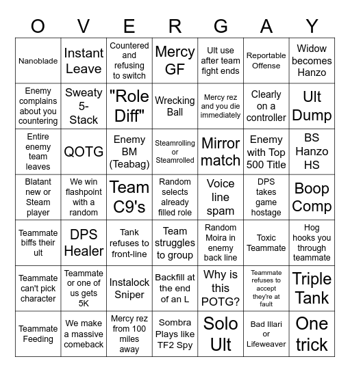 Ultimate Overwatch Bingo Card Bingo Card