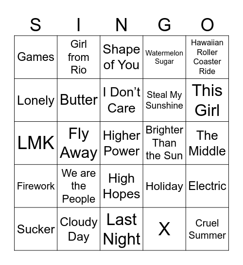 Summer Summer SummerTIME SINGO Bingo Card