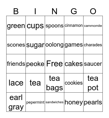 Tea Party Bingo Card