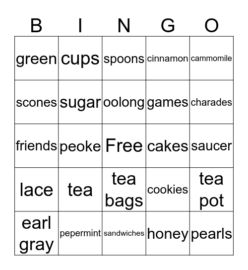 Tea Party Bingo Card