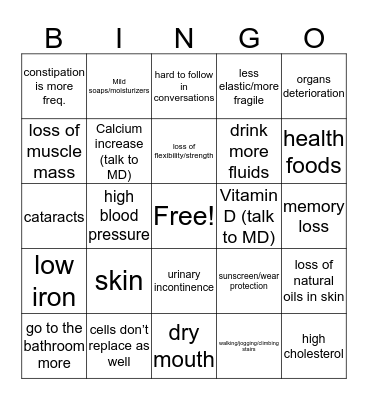 Healthy Aging Bingo Card