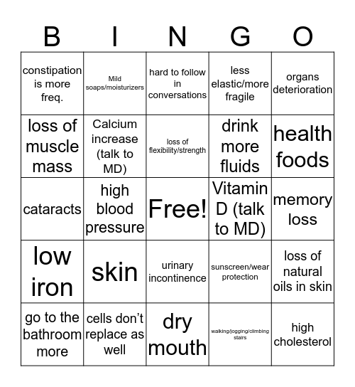 Healthy Aging Bingo Card