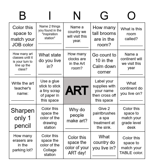 First day of Art Bingo Card