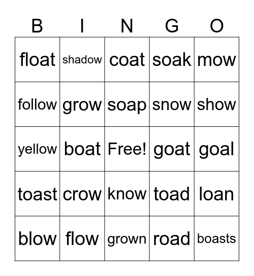 The Boat Trip 'oa' 'ow' Long O Bingo Card