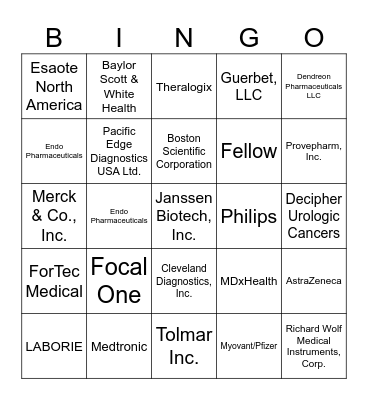 South Central Section of the AUA Exhibitor Bingo Card