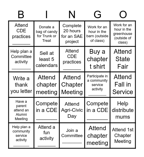 FFA Fall Semester Bingo Card