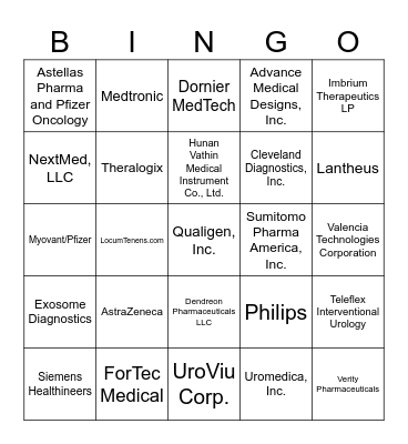 South Central Section of the AUA Exhibitor Bingo Card