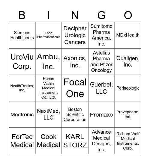 South Central Section of the AUA Exhibitor Bingo Card