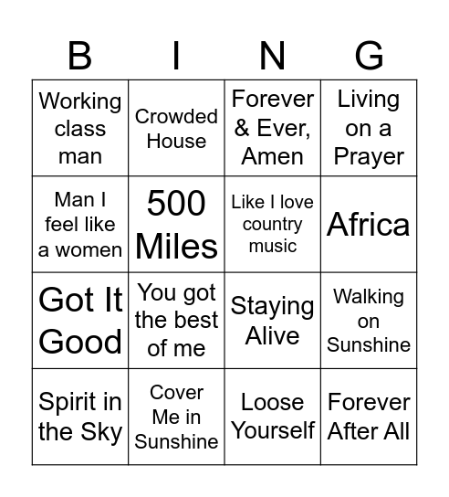 Musical Bingo Card