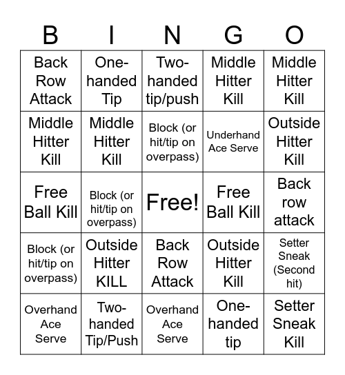 Volleyball Bingo Card