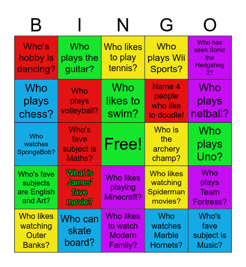 Hobbies and Interests Bingo Card