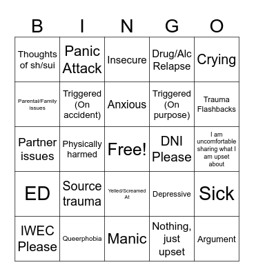 MENTAL HURT BINGO Card