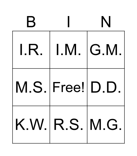 Initials Bingo Card