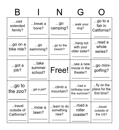 Over summer vacation, did you... Bingo Card