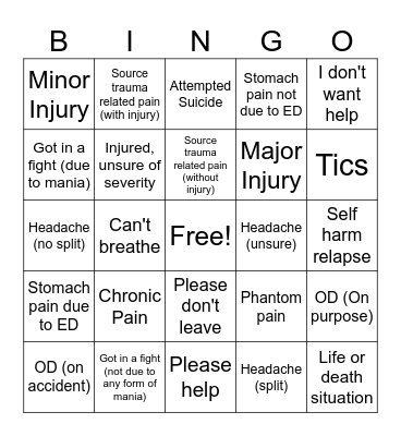 Physical Hurt Bingo Card