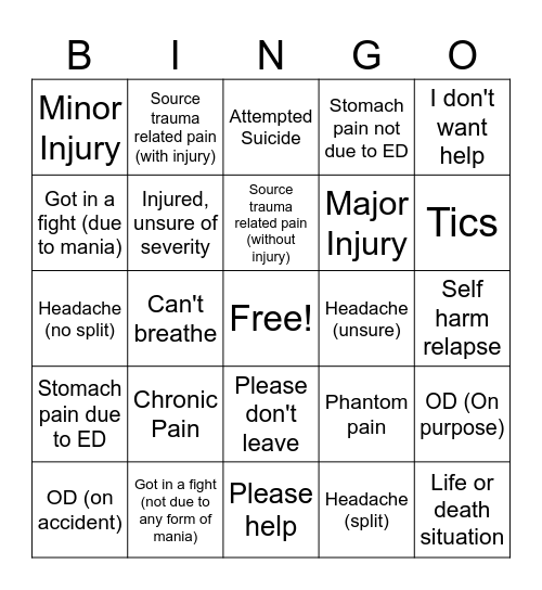 Physical Hurt Bingo Card