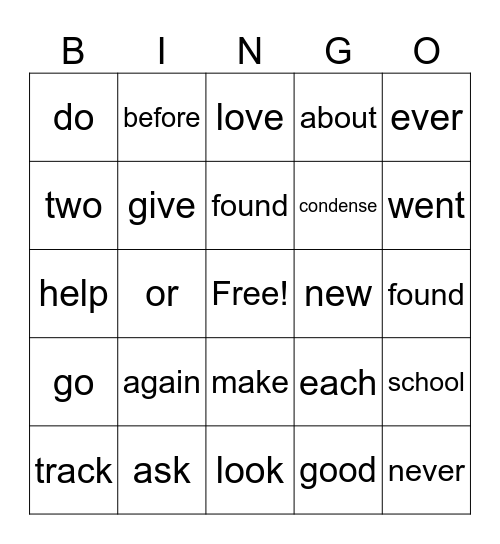 Word Bingo Card