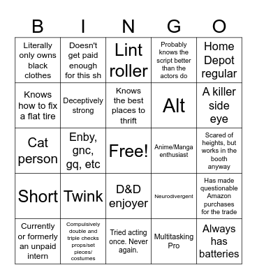 Theater Tech Bingo Card