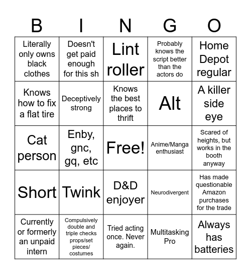 Theater Tech Bingo Card