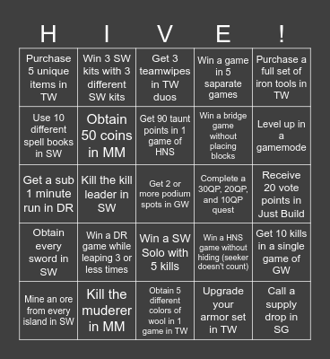 Hive Bingo Card