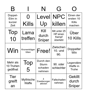 Fortnite Bingo Card