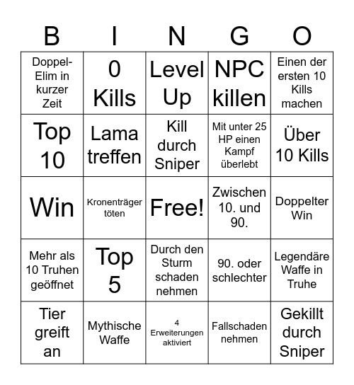 Fortnite Bingo Card