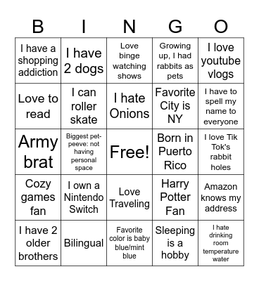 What things do we have in common? Bingo Card