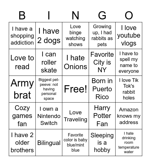 What things do we have in common? Bingo Card