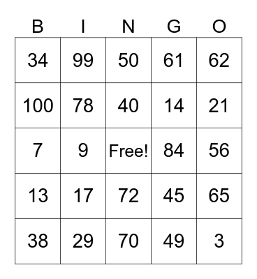 Numeros 1 - 100 Bingo Card