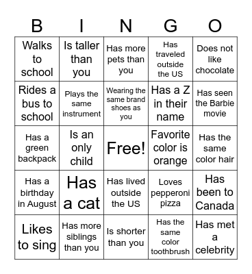 Back to School Bingo Card