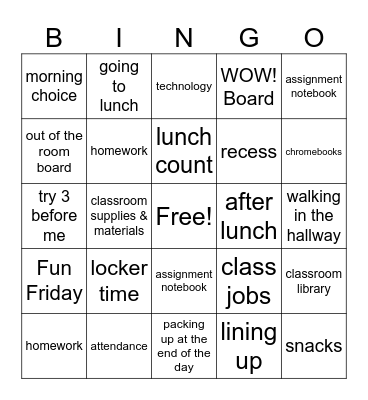 Back to School BINGO Card