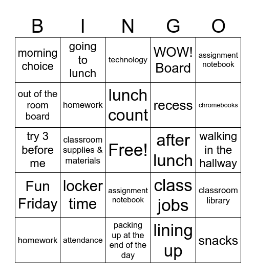 Back to School BINGO Card