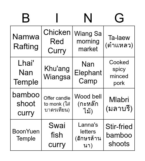 Wiangsa My Homeland Bingo Card
