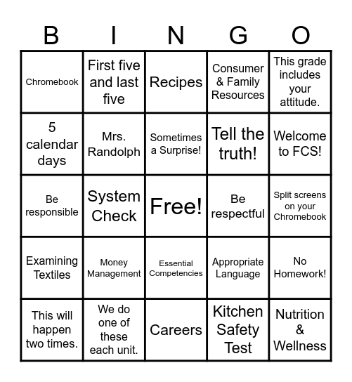 FCS 6 Bingo Card