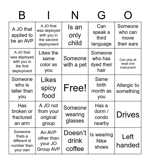 JO Graduation Human Bingo Card Bingo Card