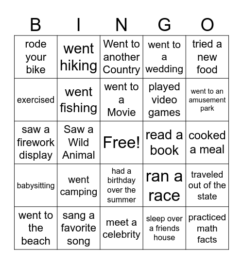 What did you do over the Summer!!!! Bingo Card