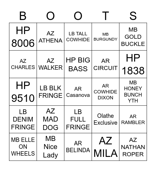 BOOTS BINGO Card