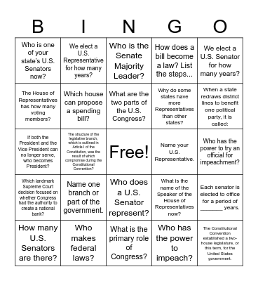 US Legislative Branch Bingo Card
