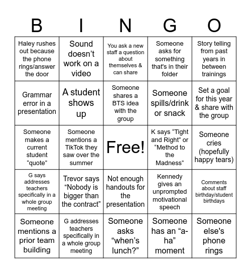 High Road Bingo Card