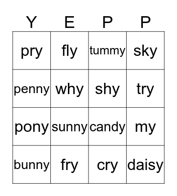 Y as a Vowel Bingo Card