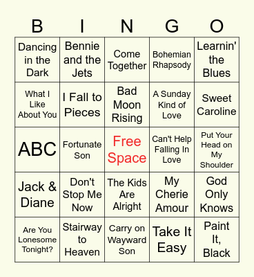 Classic Oldies Music Bingo Card