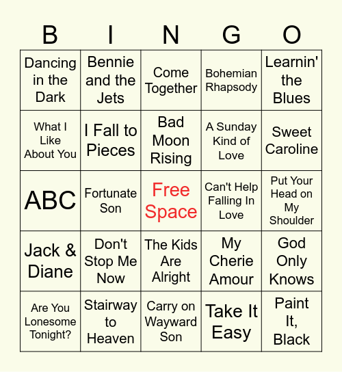 Classic Oldies Music Bingo Card