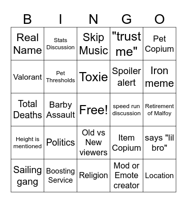 Coxie Bingo Card