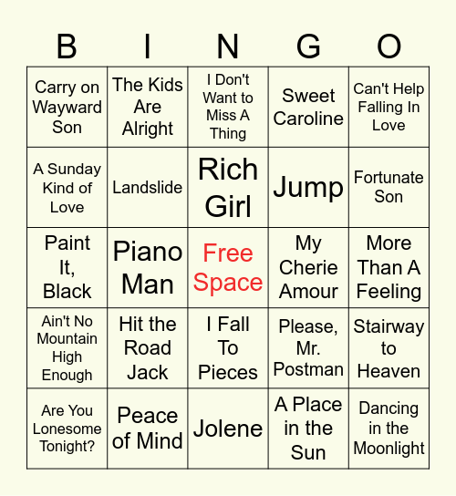 Classic Oldies Music Bingo Card