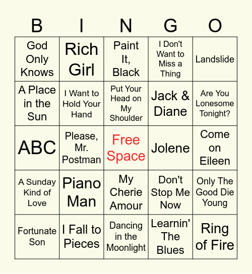 Classic Oldies Music Bingo Card