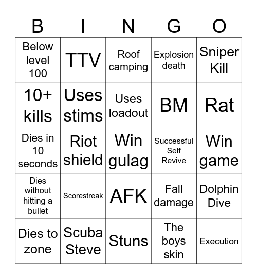Warzone 2 Bingo Card