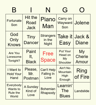 Classic Oldies Music Bingo Card